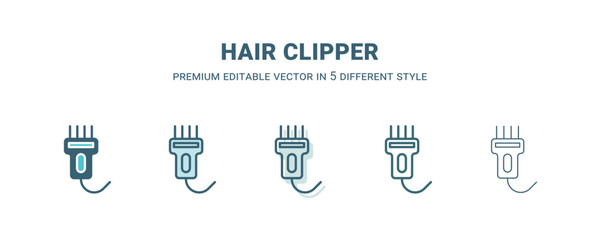 hair clipper icon in 5 different style. Outline, filled, two color, thin hair clipper icon isolated on white background. Editable vector can be used web and mobile