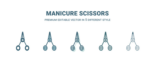 manicure scissors icon in 5 different style. Outline, filled, two color, thin manicure scissors icon isolated on white background. Editable vector can be used web and mobile