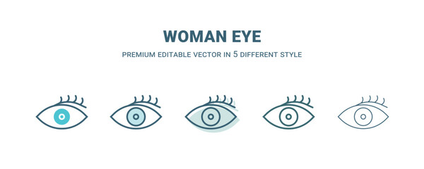 woman eye icon in 5 different style. Outline, filled, two color, thin woman eye icon isolated on white background. Editable vector can be used web and mobile