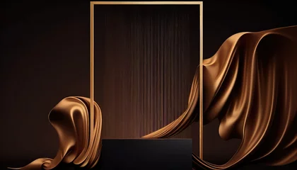 3D background. Podium display mockup. Brown silk cloth in motion. Gold frame for Beauty, product, cosmetic presentation. Feminine scene with pedestal.  Generative AI Technology © BigMindOutfit