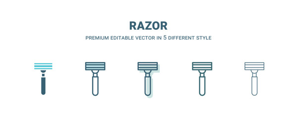 razor icon in 5 different style. Outline, filled, two color, thin razor icon isolated on white background. Editable vector can be used web and mobile