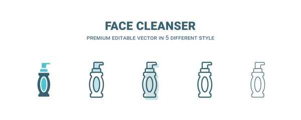 face cleanser icon in 5 different style. Outline, filled, two color, thin face cleanser icon isolated on white background. Editable vector can be used web and mobile