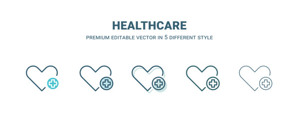 healthcare icon in 5 different style. Outline, filled, two color, thin healthcare icon isolated on white background. Editable vector can be used web and mobile