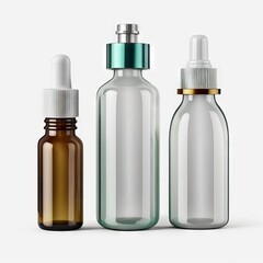 various bottles / roller bottles / spray bottles made of glass and metal for cosmetics, natural medicine , essential oils or other liquids  top view "ai generated"