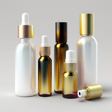 various bottles / roller bottles / spray bottles made of glass and metal for cosmetics, natural medicine , essential oils or other liquids isolated over a white  background, top view