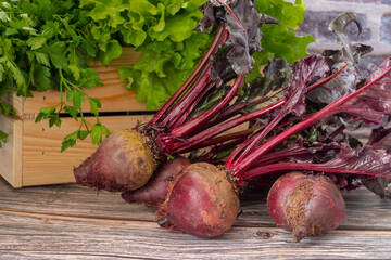 Red beets on wooden table
