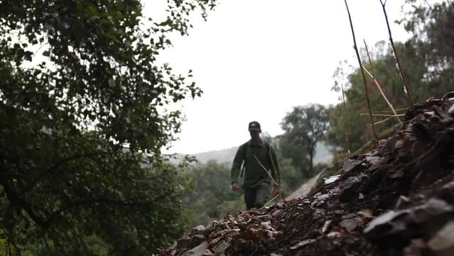 Joven caminando se sienta en el bosque mientras llueve y observa