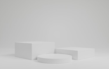 Empty gray podium.3D display podium on white background.Stand Minimal mockup for presentation.Abstract white background concept.Geometric platform show cosmetic product.Stage showcase.3D rendering