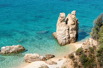 Aeral view of exotic beach, phenomenal cliff and turquoise blue sea. Greece, Halkidiki, Athos...