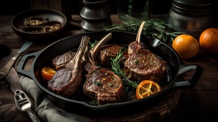 Fototapeta premium Grilled lamb chop on cast iron pan, generative ai