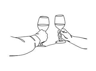 Continuous one line drawing of hands cheering with glasses of wine. Vector illustration.