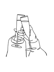 Continuous one line drawing of hands cheering with glasses of wine. Vector illustration.