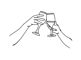 Continuous one line drawing of hands cheering with glasses of wine. Vector illustration.