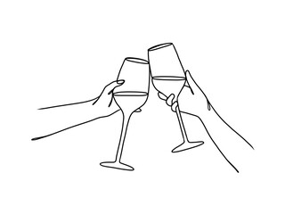 Continuous one line drawing of hands cheering with glasses of wine. Vector illustration.