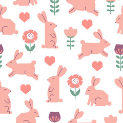 Seamless pattern with Easter rabbits, flowers and hearts. Cutout colorful elements on white background.
