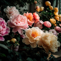 Beautiful Peonies Blossom In Garden, Flower Bed, Peony Assortment, Dark Moody Lighting, Square