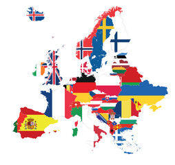 Europe map with countries flags inside. All elements separated in detachable and editable layers. Vector illustration