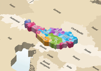 Austria districts colored by regions isometric map with neighbouring countries