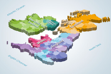 British Isles 3d (isometric) map colored by countries and subdivisions - 582469247