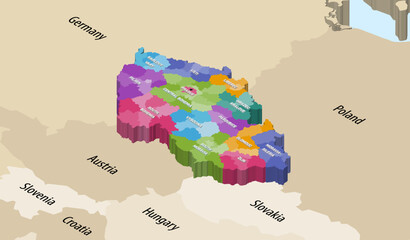Obraz premium Czech Republic districts colored by regions isometric map with neighbouring countries