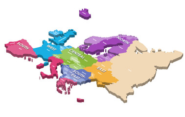 Europe 3d (isometric) map colored by regions