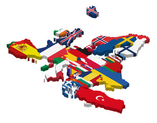 Europe 3d (isometric) map with national flags incorporated inside countries borders - 582469279