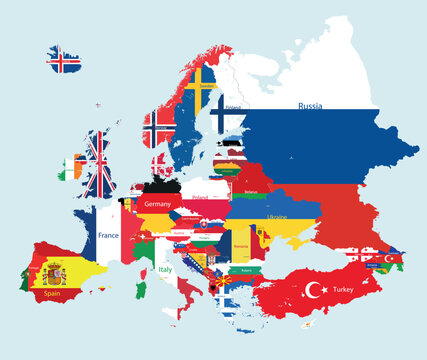 Europe map with countries flags incorporated inside countries contours. Flat style vector illustration. All elements separated in detachable and editable layers