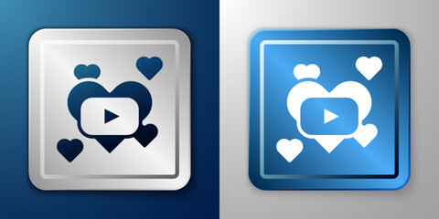 White Romantic movie icon isolated on blue and grey background. Love film. Silver and blue square button. Vector