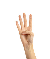 Hand doing number four with fingers on a transparent background. Hand counting png.
