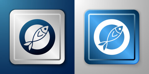 White Dried fish icon isolated on blue and grey background. Silver and blue square button. Vector