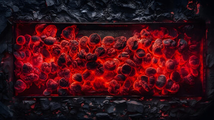 ember, burning charcoal, barbecue grill top view, generative ai