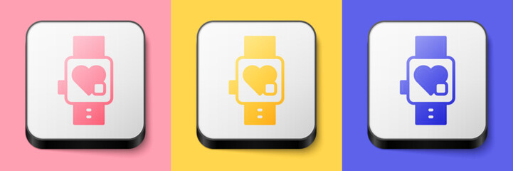 Isometric Smart watch showing heart beat rate icon isolated on pink, yellow and blue background. Fitness App concept. Square button. Vector
