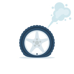 Punctured wheel. Car tire with a punctured wheel. Deflated automobile tire. Vector illustration flat design. Isolated on white background.