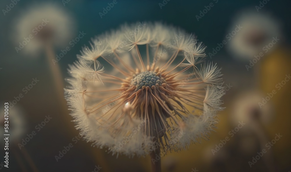 Aufkleber  a close up of a dandelion flower with a blurry back dropper in the middle of the image and the seeds in the foreground.  generative ai