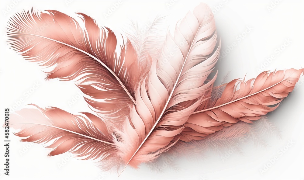 Poster a pink feather on a white background with a reflection of the feather on the bottom of the feather i