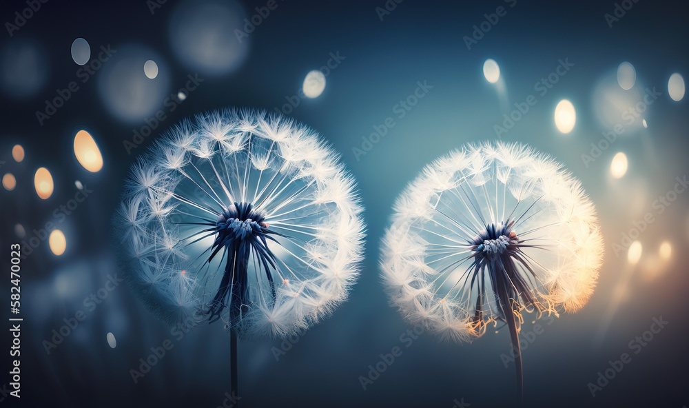 Poster two dandelions are shown against a blue background with light coming from them and the dandelions ar