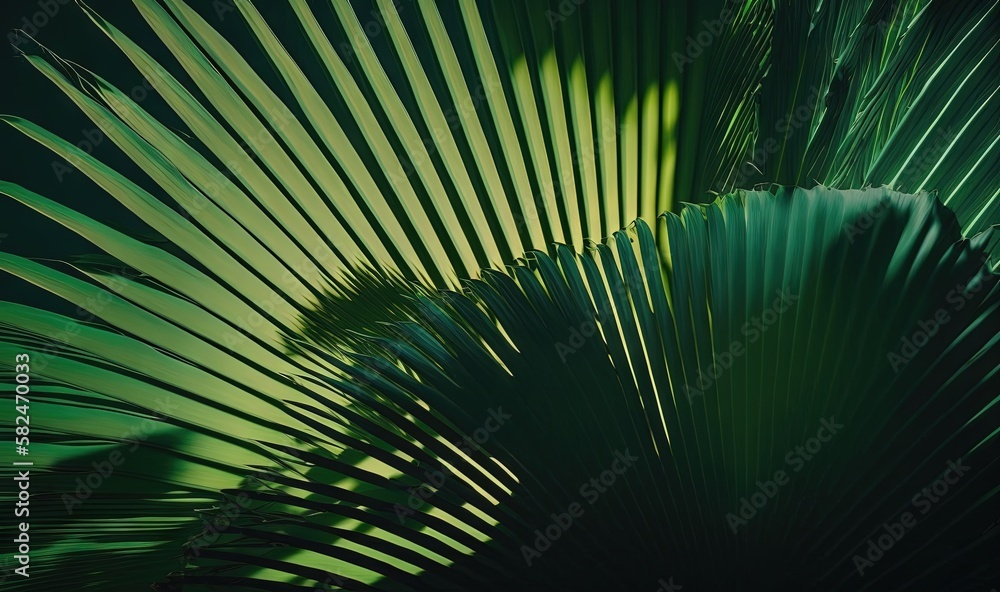 Poster a close up of a palm leaf with a green light in the backround of the image and a black background wi