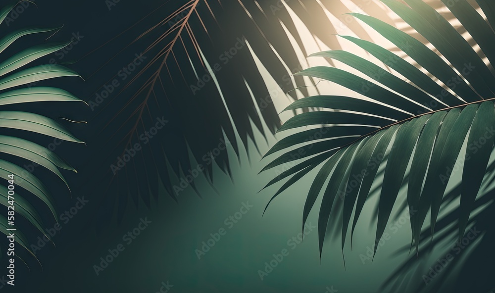 Aufkleber  a palm leaf is shown against a green background with a sunbeam in the background and a blurry image of a palm leaf in the foreground.  generative ai