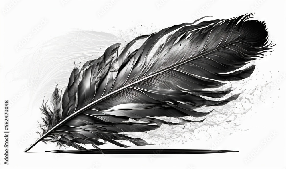 Poster a black and white photo of a feather on a white background with a pencil in the middle of the image 