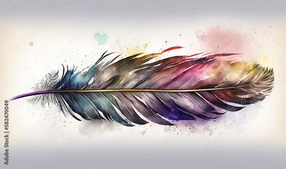 Poster a colorful feather with a gold tip on a white background with watercolor stains and stains on it, wi