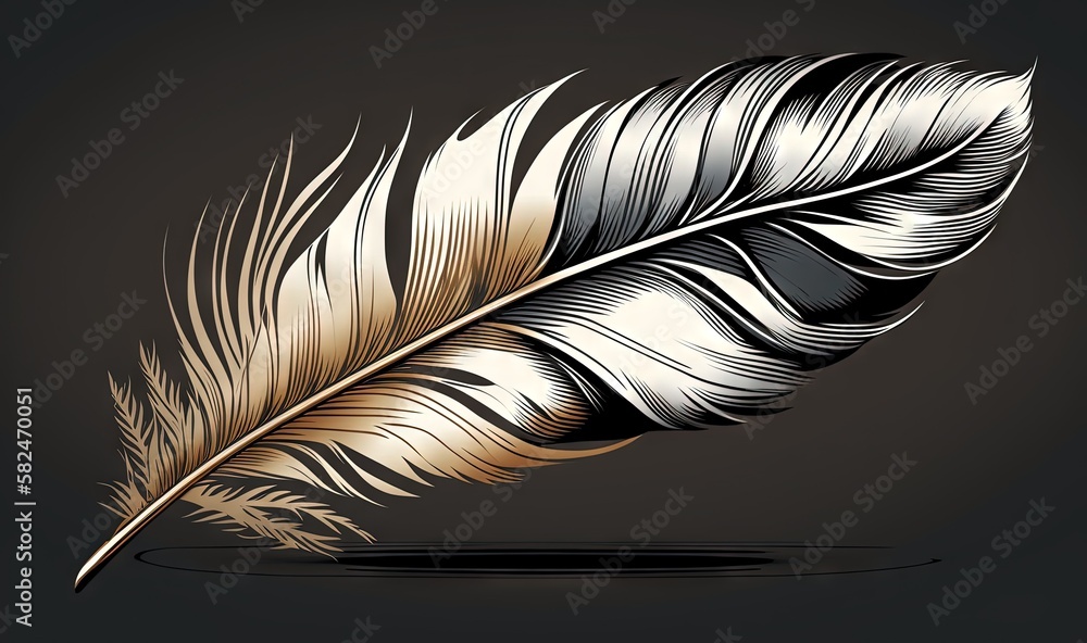Poster a feather quill on a black background with a reflection of the water and a reflection of the feather