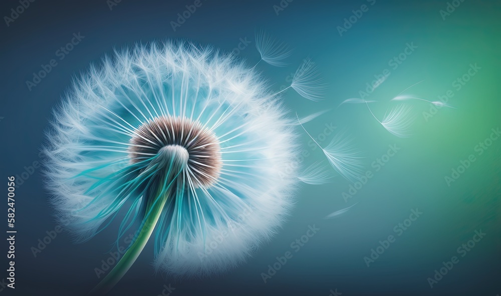 Poster a dandelion blowing in the wind on a blue and green background with a blurry image of the dandelion 