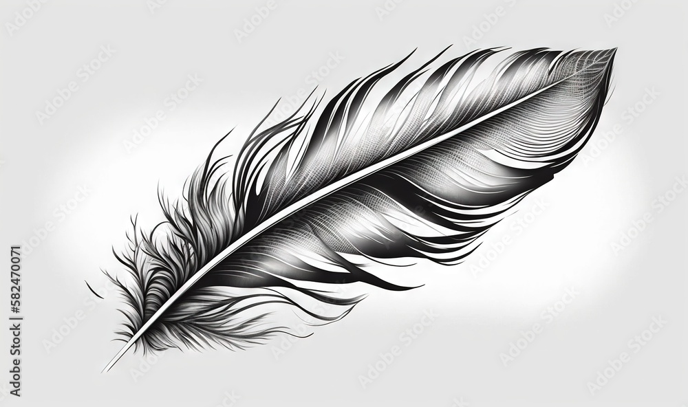 Poster a black and white drawing of a feather on a white background with a shadow of the feather on the lef