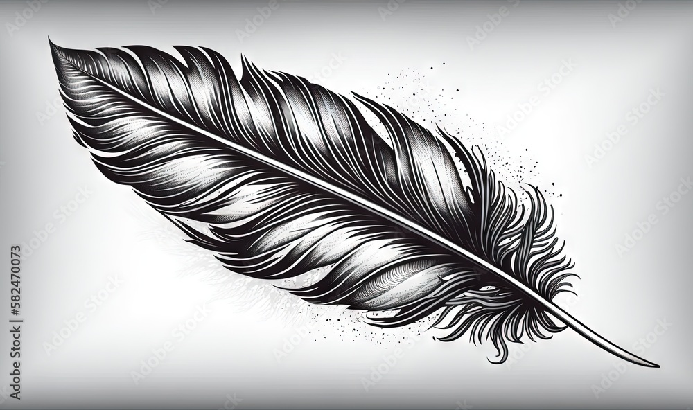 Poster a black and white drawing of a feather on a white background with a black outline of a feather on th