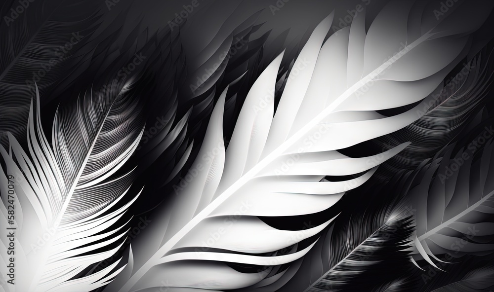 Poster a black and white photo of a feathery pattern on a black and white background with a light reflectio