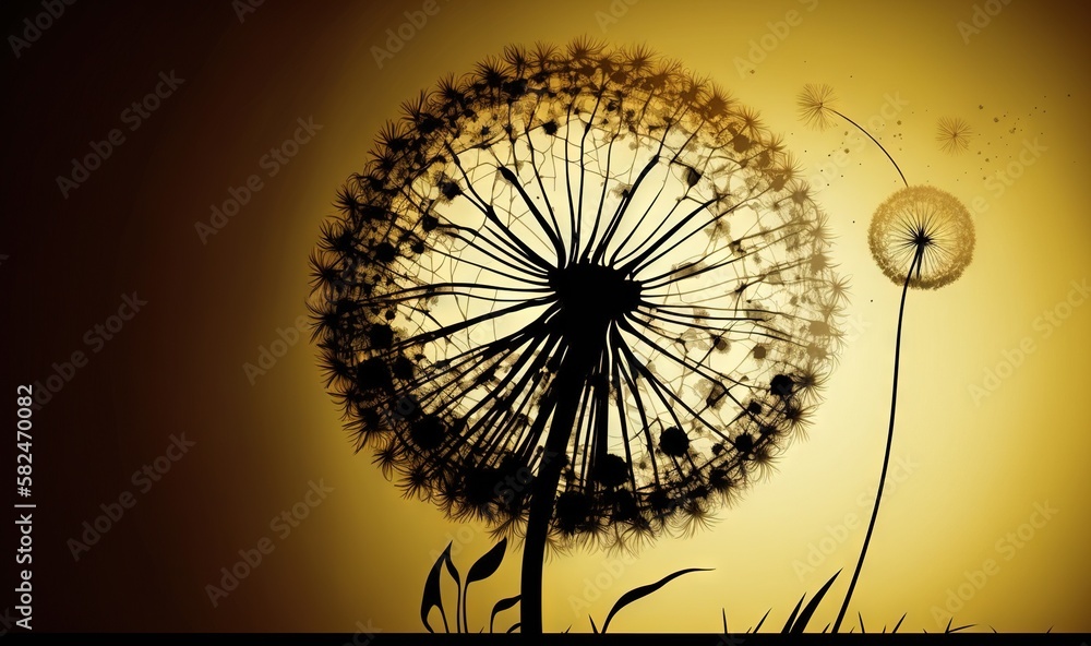 Aufkleber a dandelion is blowing in the wind with the sun shining in the background of the picture and the sil