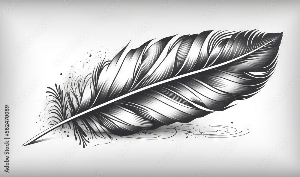 Poster a black and white drawing of a feather on a white background with a splash of ink on the side of the
