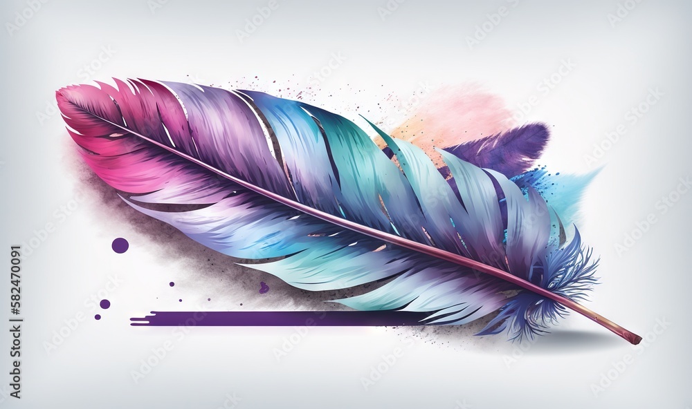 Poster a colorful feather with a long tail on a white background with watercolor splashes and a pink and bl