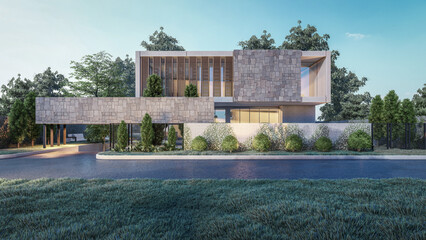 Architecture 3d rendering illustration of modern minimal house with natural landscape and walkway 