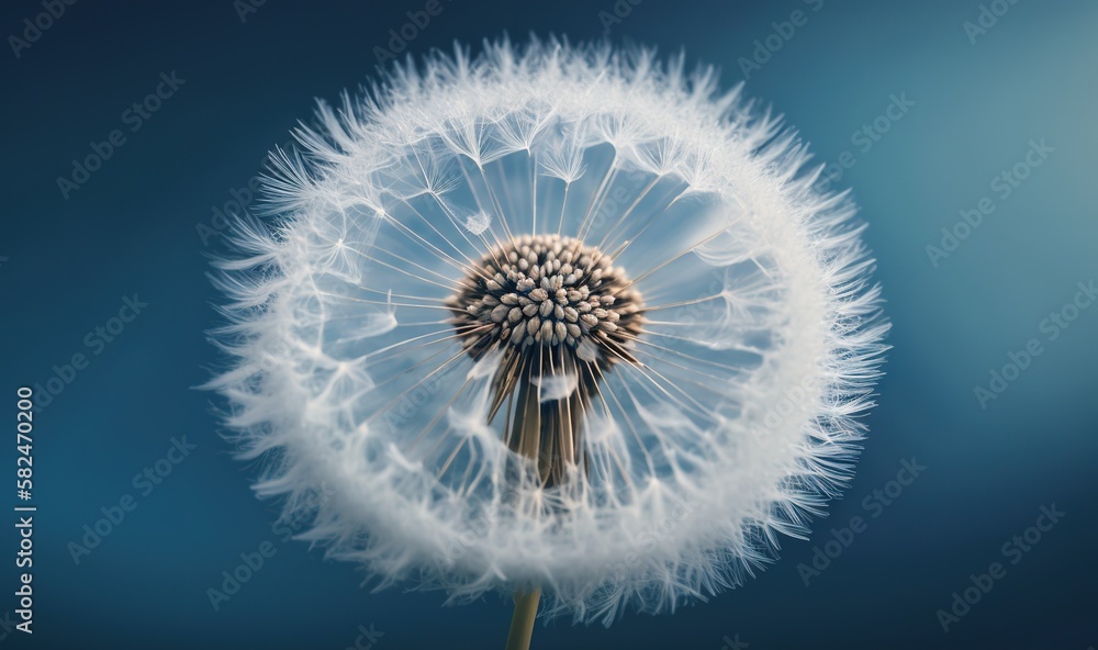 Aufkleber a close up of a dandelion on a blue background with a blurry image of the dandelion in the foregroun